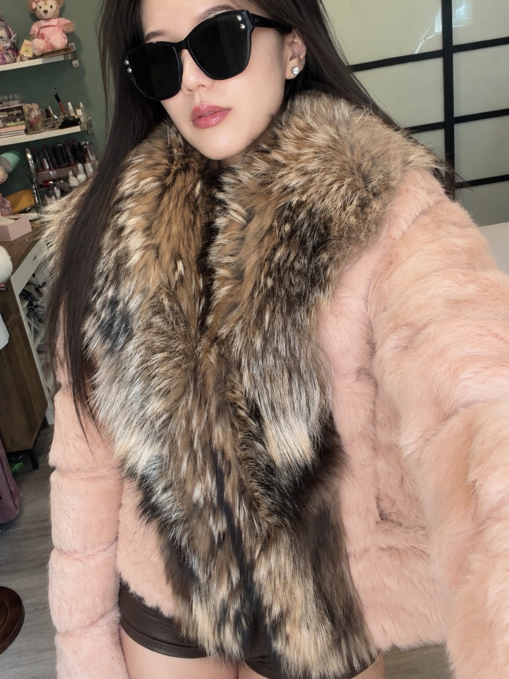 Vintage Pink Rabbit Fur Jacket with Oversized Raccoon Fur Collar